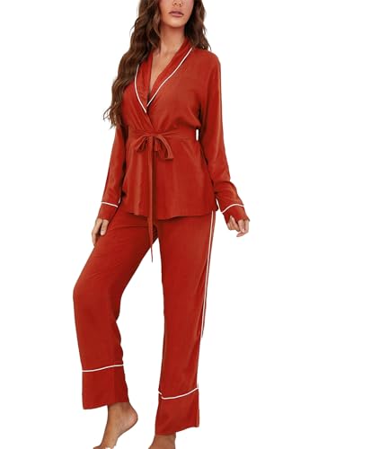 ALNILA Women's Pajamas Women's Autumn and Winter Solid Color Long Sleeve Cardigan Pajamas Robe Style Tops,BrickRed,S