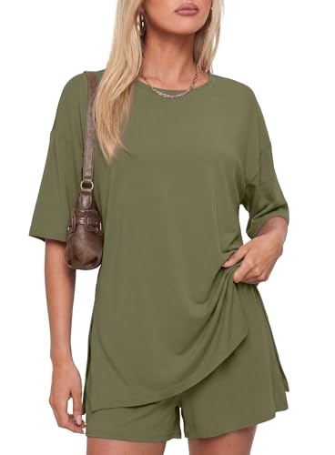 Image of Darong Women's 2 Piece Shorts Set Loungewear | oversized tshirts,crew neck top,drawstring shorts,elastic waist, side pockets,summer travel outfits