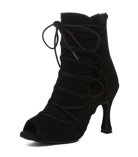 MINITOO Mujer Latina Salón Baile Zapatos Cordones Cordones Fiesta Abierta Sandalias Formal Botas, L614 Suede Negro 9 cm Tacón, 38 EU