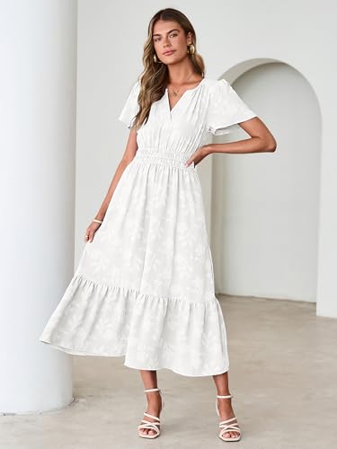 Image of Simplee Womens Summer Boho Maxi Dress Semi Formal Wedding Guest Short Sleeve V Neck Empire Waist Floral Long Dresses