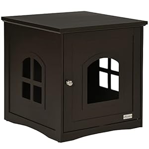 PawHut Mueble Arenero para Gatos 2 en 1 Casa para Gatos de Madera con Armario de Almacenaje Encimera Amplio Puerta y 2 Ventanas Cruzadas 48,7×53,3×53 cm Café