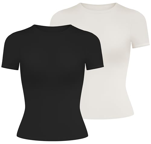 Image of AENLLEY Womens Basic Short Sleeve T Shirt Slim Fit Crew Neck Y2K Crop Top Black/White