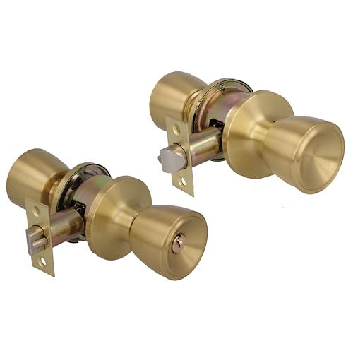 Amig - Juego de pomos tipo copa - Con llave exterior - Picaporte de entrada 60/70 mm - Canto cuadrado - Latón - Dorado Mate - Puertas de grosor de 35 a 45 mm