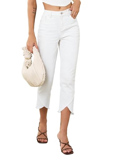 Sidefeel Jeans for Women High Waisted Stretchy Capri Jeans Skinny Cropped Summer Trendy Cross Raw Hem Denim Pants Cream White Size 10
