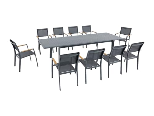 Vente unique Comedor de jardÌn de Aluminio: Mesa Extensible L.205/286,5 cm y 10 sillones apilables   Antracita   MACILA de MYLIA