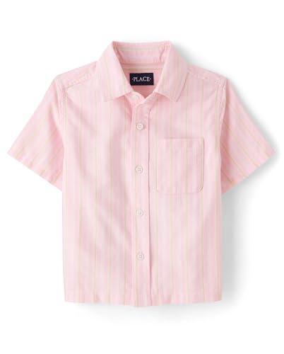The Childrens Place Boys Short Sleeve Button Down Shirt Pink Stripe Medium