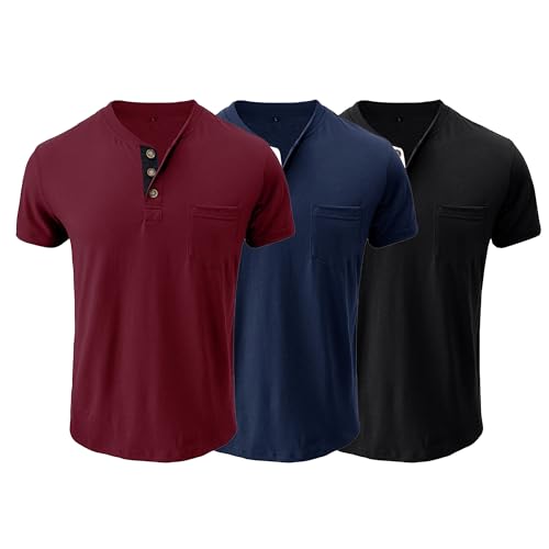 QOAAIE 3 Pack Henley Shirts for Men Short Sleeve Button Cotton T-Shirt with Pocket Fashion Casual Front Placket Tee Shirt (Red/D-Blue/Black,S)