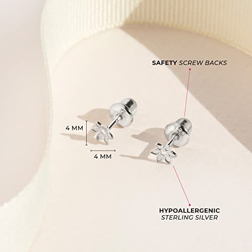 925 Sterling Silver 4mm Babies Cute Flower Screw Back Earrings, Screw Back Locking for Infants & Little Girls - Nature Lover Children, Flower Studs4