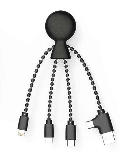 Xoopar - Câble Multi USB 4 en 1 en Forme de Pieuvre - Chargeur Universel en Plastique Recyclé - Prise USB, USB-C, Lightning, Micro USB - Compatible avec tous les Smartphone - Mr Bio Noir