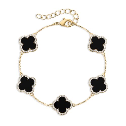 Electric Picks Icon Bracelet for Women Black Enamel Clover on 14k Gold Plated Chain Bracelet Adjustable 67.5 Stackable Everyday Jewelry Minimalist Black Bracelet Gift