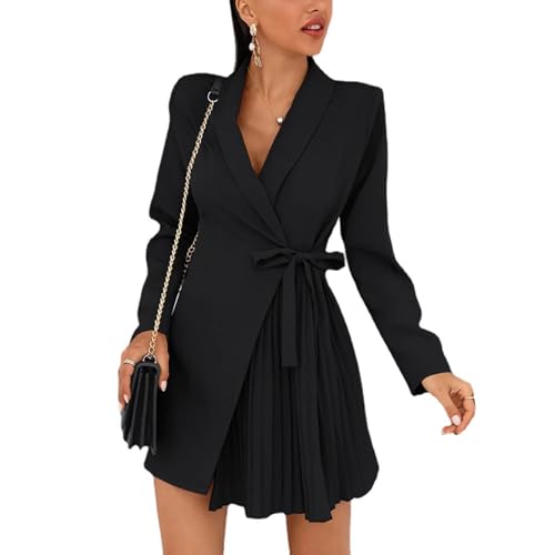cffvdiz Womens Sexy Long Sleeve Solid Color Lace-Up Pleated Blazer Dress
