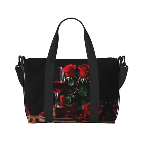 Red Rose and Wine Romantic Lovers Decor print Travel Duffel Bag,workout duffel bag, overnight shoulder Bag,Weekender Bag for Women Men2