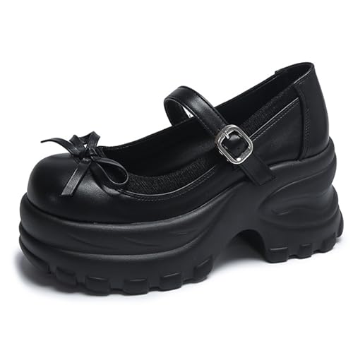 Women's Bow Mary Jane Platform Casual Shoes Comfort Leather Round Toe Ankle Strap Chunky Heel Girls Height Increase School Shoes Grace Non-Slip Nurse Walking Shoes