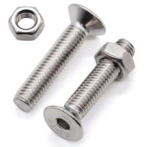 Glvaner M6-1.0 x 25mm Flat Socket Head Cap Screws and M6-1.0 Hex Nuts, 304 Stainless Steel 18-8, Full Coarse Thread