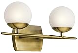 Kichler Jasper 16.5' Halogen Vanity Light in Natural Brass, 2-Light Mid Century Bathroom Vanity with Satin Etched Cased Opal Glass, ('16.5' W x 7.75' H), 45581NBR