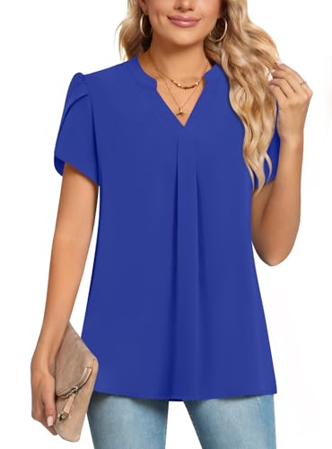 POPYOUNG Womens Summer Casual Chiffon Petal Sleeves Office Blouses V Neck Business Tops Work Shirts XL,Royal Blue