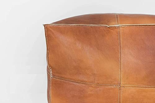 Square Leather Pouf - Moroccan 18'' x 14'' Genuine Goatskin Bohemian Living Room Decor -Hassock & Ottoman Footstool Large Unstuffed, Brown