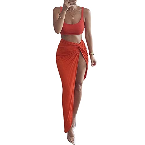 Sedrinuo Women 2 Piece Outfits Dress Sexy Crop Tank Bra Top and Split Thigh Skirt Club Outfits