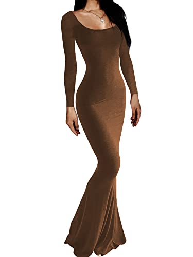 Image of AnotherChill Women's Casual Lounge Slip Long Dress Sexy Long Sleeve Backless Bodycon Maxi Dresses 2025 Fall Slim Elegant