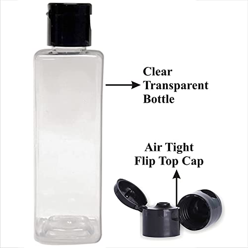 Image of HARRODS Empty Square Clear Plastic Bottles 100ml (Pack of 16) - Refillable Travel Size Cosmetic Travelling Containers Small Leak Proof Squeeze Bottles with Black Flip Cap for Toiletries, Shampoo
