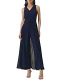 WOMLAYOUT Women's Wide Leg Jumpsuits Chiffon V Neck Cocktail Sleeveless Jumpsuit Large Dark Blue