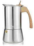 Milu Espressokocher Induktion geeignet | 2, 4, 6, 9 Tassen | Edelstahl Mokkakanne, Espressokanne, Espresso Maker Set inkl. Untersetzer, Löffel (Griff: Holzoptik, 6 Tassen (300 ml))