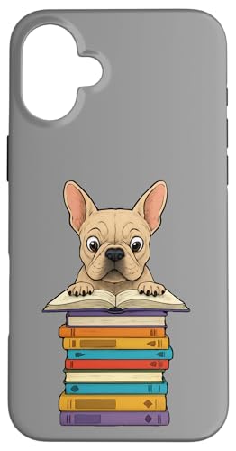 Simpatico Bulldog francese che legge sul mucchio di libri divertente Custodia per iPhone 16 Plus