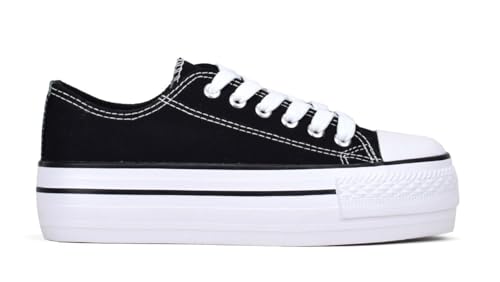BOSANOVA Zapatillas Sneakers confeccionadas en Material de Canvas con Detalle de Finas lineas a Contraste en la Suela. Cierre con Cordones. Calzado para Mujer Negro 38