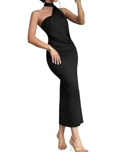 SweatyRocks Neckholder Kleid Damen Elegant Bodycon Kleid Hochzeitsgast Maxikleid Herbstmode Abendkleid Lang Damenkleider Business Outfit Schwarz M