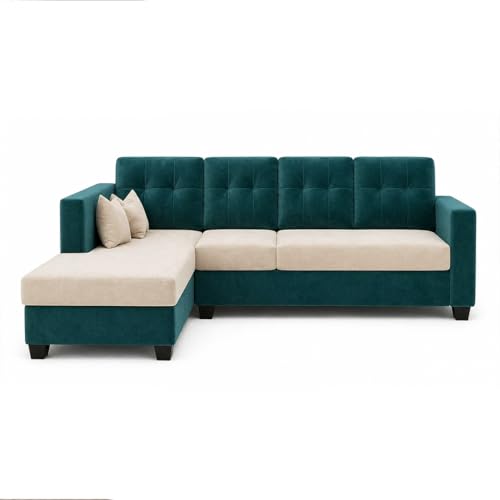 Image of FURNY Nathan 5 Seater L Shape Sofa Set LHS (Green Teal-Cream) | Suede Velvet Finish | Durable Comfort Sofa for Modern Living Room & Office Spaces
