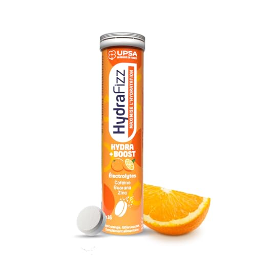 UPSA - Hydrafizz Boost - Complément Alimentaire Énergie & Hydratation - Électrolytes, Glucose, Caféine, Guarana, Zinc, Vitamines C & B3 - Goût Orange - Fabriqué en France - 16 Comprimés Effervescents
