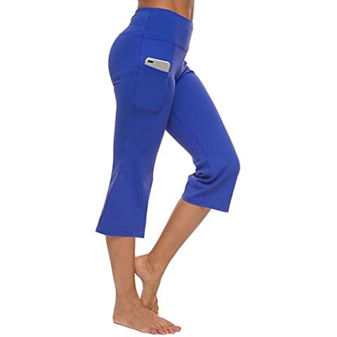 ChinFun Women's Yoga Capri Pants 20"/ 21"/ 22" Inseam High Waist Workout Bootcut Straight Leg Lounge Crop Leggings Athletic Pants Size Pockets Royal Blue Size S Cover