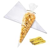 CdbC Cone Shaped Cellophane Treat Bags, 100 Pcs 7x15 inches, Clear, Disposable, Formed/Sealed, Plastic, Twist Tie, Perfect for Party Treats, Candy, Popcorn, Snack Wraps