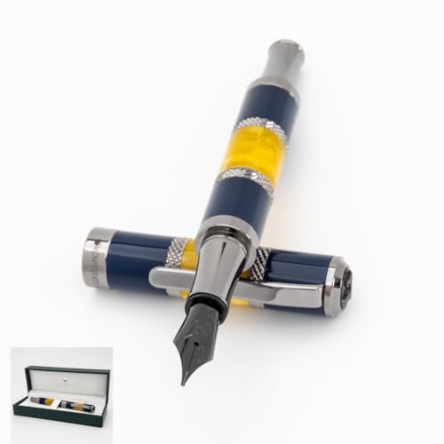 Monteverde USA Regatta Sport Fountain Pen in Blue/Yellow and Carbon Fiber - Fine Nib, Refillable Luxury Pen with Gunmeta - Detailed View