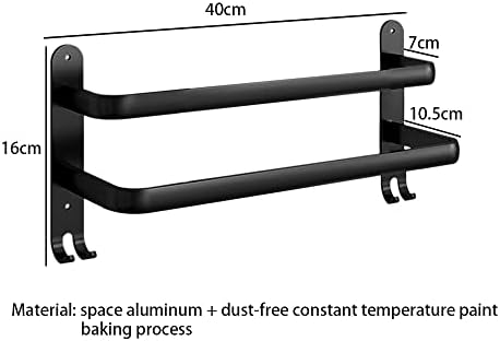 ASFINS Double Towel Rail Hand Towel Holder Wall Mounted Clothes Rail, 2-Tier Towel Rail with Hooks for Kitchen Bathroom Toilet Hotel Office, Self Adhesive/Wall Mounted, 2 Way to Install (Black, 40cm)