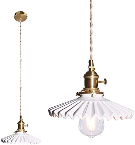 Shenmoyl 1-Light Pendant Light Ceramic Hanging Light,E26/E27 Drop Ceiling Light Fixture Lamp Nordic for Farmhouse Kitchen Island Bedroom 7.87 Inch Diam w/Retro White Pleated Lampshade
