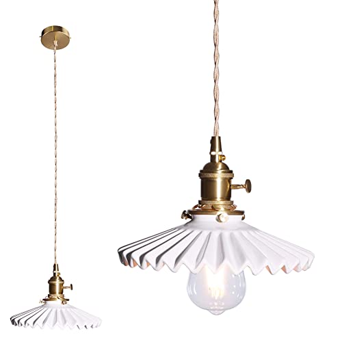 Shenmoyl 1-Light Pendant Light Ceramic Hanging Light,E26/E27 Drop Ceiling Light Fixture Lamp Nordic For Farmhouse Kitchen Island Bedroom 7.87 Inch Diam W/Retro White Pleated Lampshade #TOP10