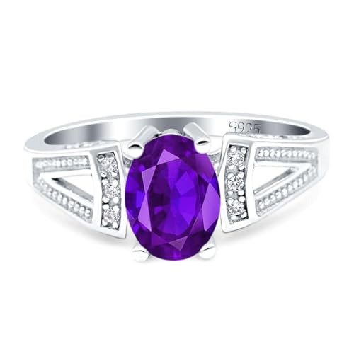 OMRANII Art Deco Oval Natural Amethyst Vintage Style Beaded Ring Split Shank CZ Wedding Engagement Ring For Women 925 Sterling Silver Gifts For Her