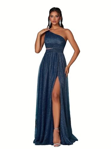 MIMIFINA Women's Glamorous One ShoulderLong Evening Dress with High Slit Waist Cinching for Weddings Party Blue