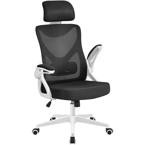 Yaheetech Sedia Ufficio Ergonomica con Braccioli Poggiatesta Regolabile Schienale Alto Funzione Dondolo Poltrona Scrivania Girevole in Rete Traspirante con Supporto Lombare Bianca/Nera