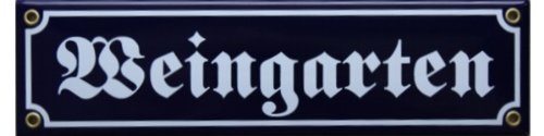 Weingarten Emaille Schild 8 x 30 cm Emailschild blau.
