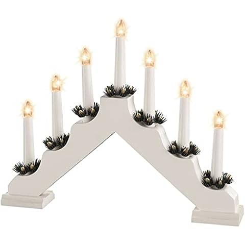 Lizaa Wooden Christmas Candle Bridge Arch 7 LED Bulb Mains Operated with White Cable on Off Switch, Xmas Flameless Decoration Light, Red, White, Black, ‎Wood (White) Cover