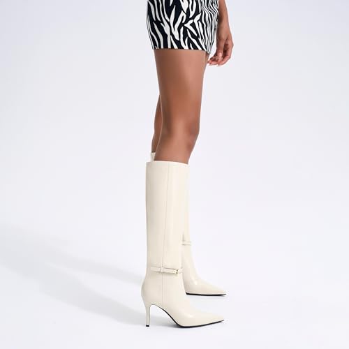 COMJUY Off White Knee High Boots Women Stiletto High Heel 3.3in, Side Zipper Pointed Toe Metal Buckle Tall Boots Dress Boots for Women, Comfortable Faux Leather Below the Knee Long Boots Size 9.5 by COMJUY - Used condition - Image 5