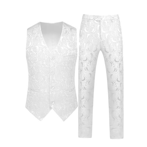 Men's 2 Pieces Jacquard Suit Elegant Solid One Button Slim Fit Single Breasted Party Vest Pants Set