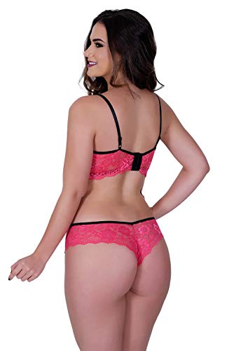 Conjunto IMI Lingerie Com Bojo Cropped Em Renda Strappy Rochelle Preto com Renda Rosa Tamanho:M