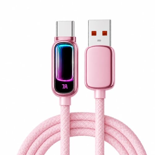 2 Metre 100W 7A USB-A to Type-C Hızlı Şarj Kablosu RGB Işıklı 480Mbps Veri Aktarımlı Örgülü Data Kablosu Pembe