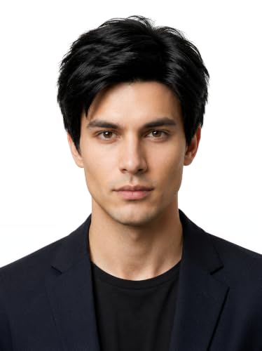DARLIN HAIR Short Black Wigs for Men, Natural Wavy Layered Synthetic Wig, Realistic Fluffy Male Hairpiece for Daily Wear, Halloween, Cosplay Party