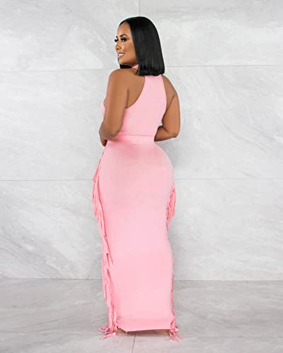 Image of YUEWOO 2 Piece Outfits for Women Sexy Crop Top Ruched Bodycon Maxi Dresses Fringe Skirt Sets Night Club Jumpsuits