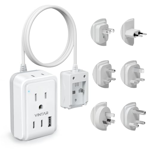 VINTAR Universal Travel Adapter Kit, 3ft Detachable Extension Cord with 2 AC Outlets & 3 USB(2 USB C), Type A/C/G/D/I/M International Power Adaptor for US to Europe UK India South Africa Japan