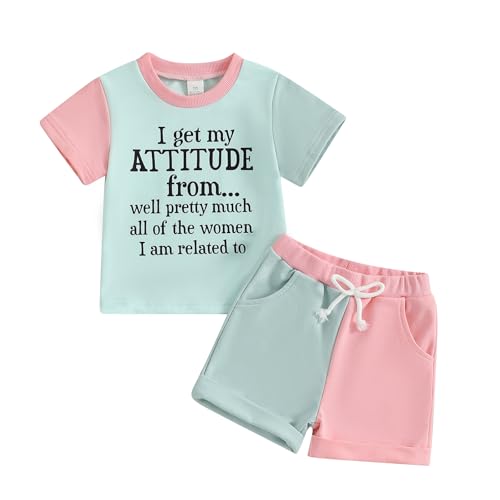 WZTYYDS Toddler Girl Summer Clothes Letter Print Short Sleeve Round Neck T-Shirt with Contrast Color Shorts Outfit
